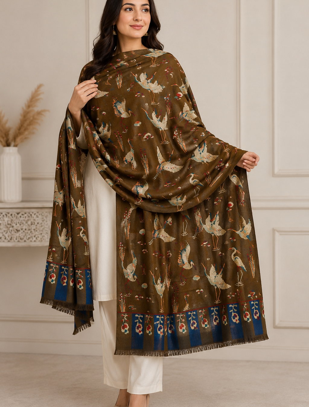 Elegant Floral Weave Pashmina Shawl for Women – Soft Kashmiri Winter Wrap with Fringe Tassels