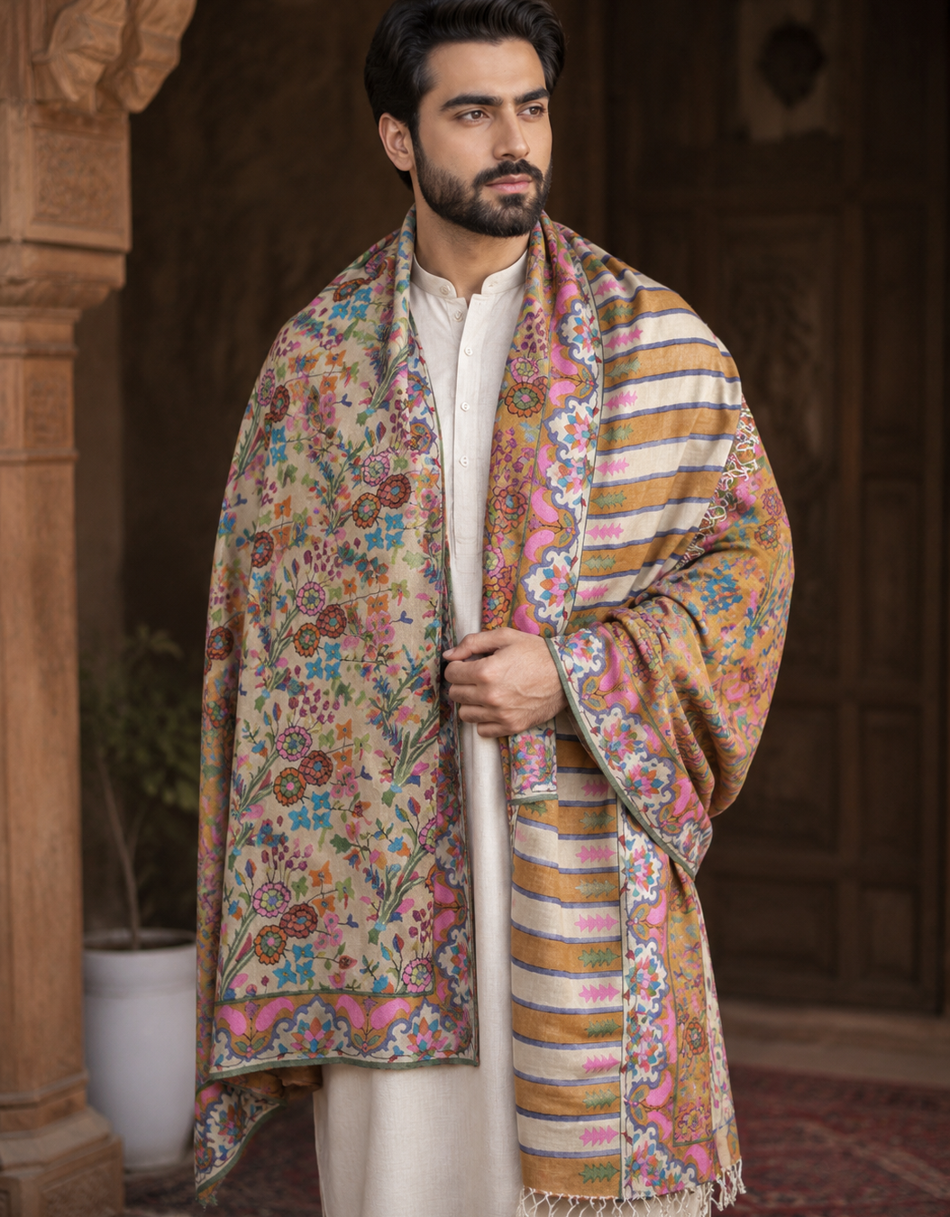 Double-Sided Kani Work Pashmina Shawl – Handwoven Floral Reversible Kashmiri Shawl