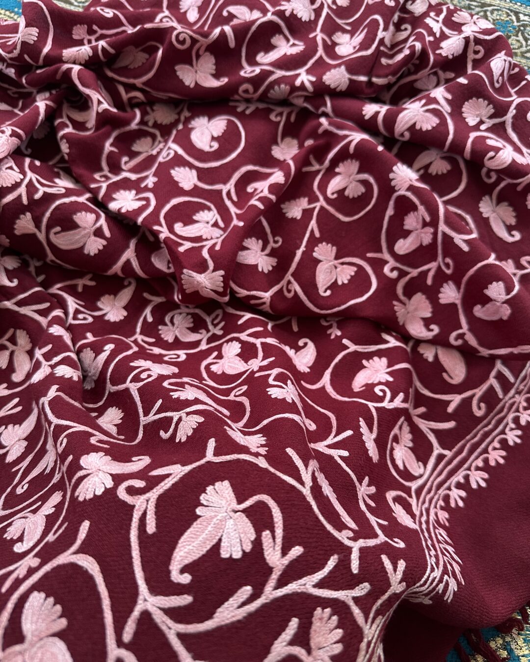 Semi Pashmina Ari Work Shawl – Handcrafted Floral Embroidery in Wine Maroon