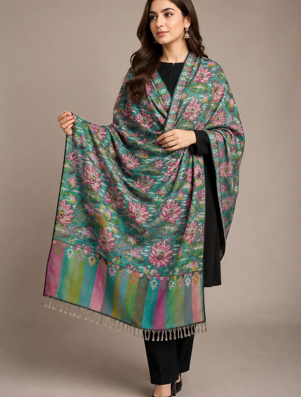 Handcrafted Lotus Garden Pashmina Shawl – Aqua Blue Floral Kani Design